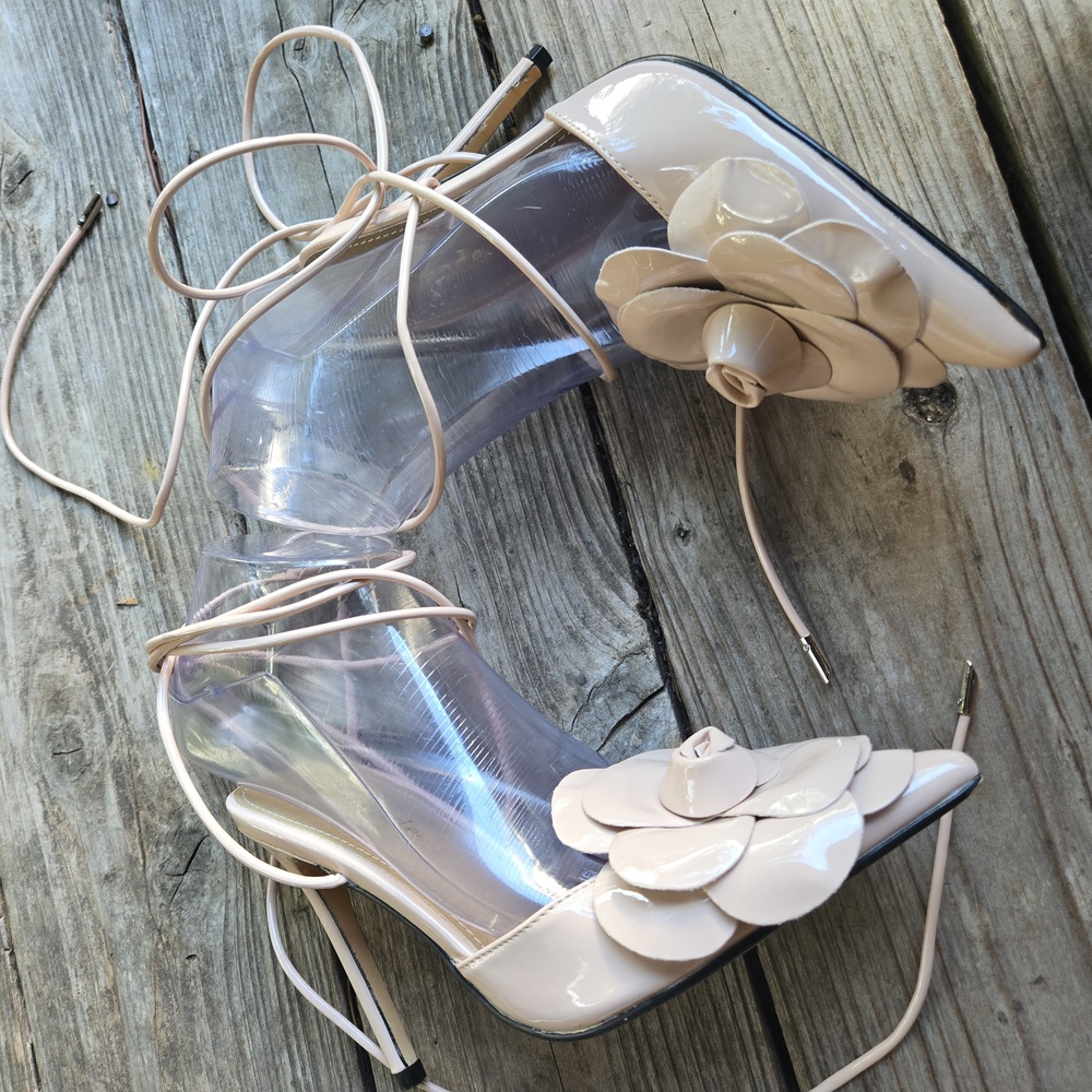 Lemonade Blush Pink Patent Strappy Ankle Tie Heels With Large Flower At Vamp - Picture 6 of 15